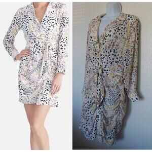 Rachel Roy Button Up White Floral Dress Sz XL Animal Print VNeck Ruched Chiffon